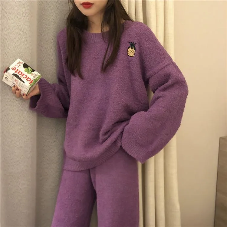 Plush Comfy Cute Embroideries Pajama Suit