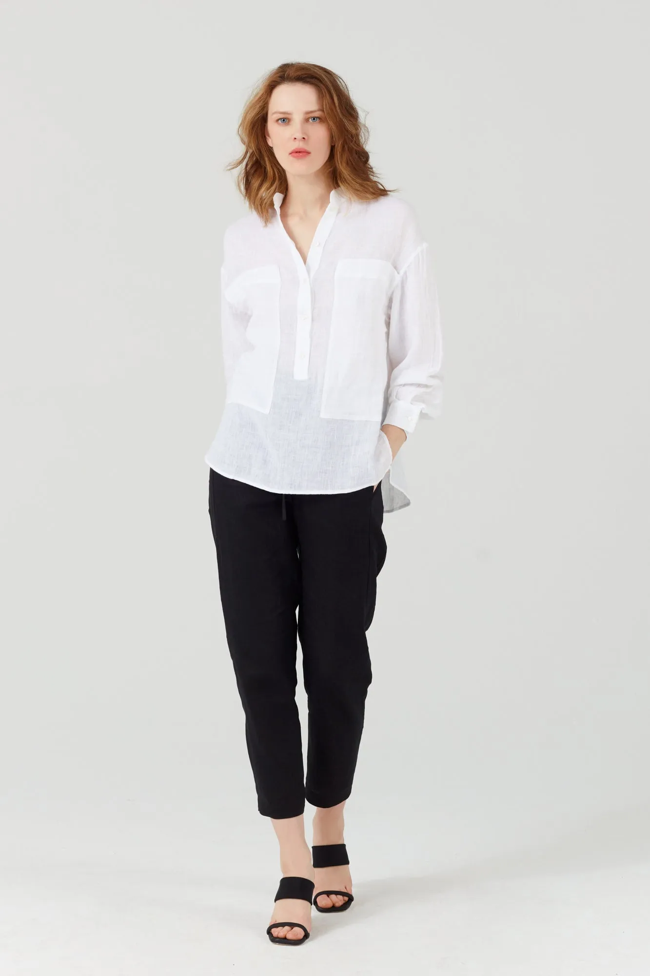 PURE LINEN COLLARLESS SHIRT WHITE