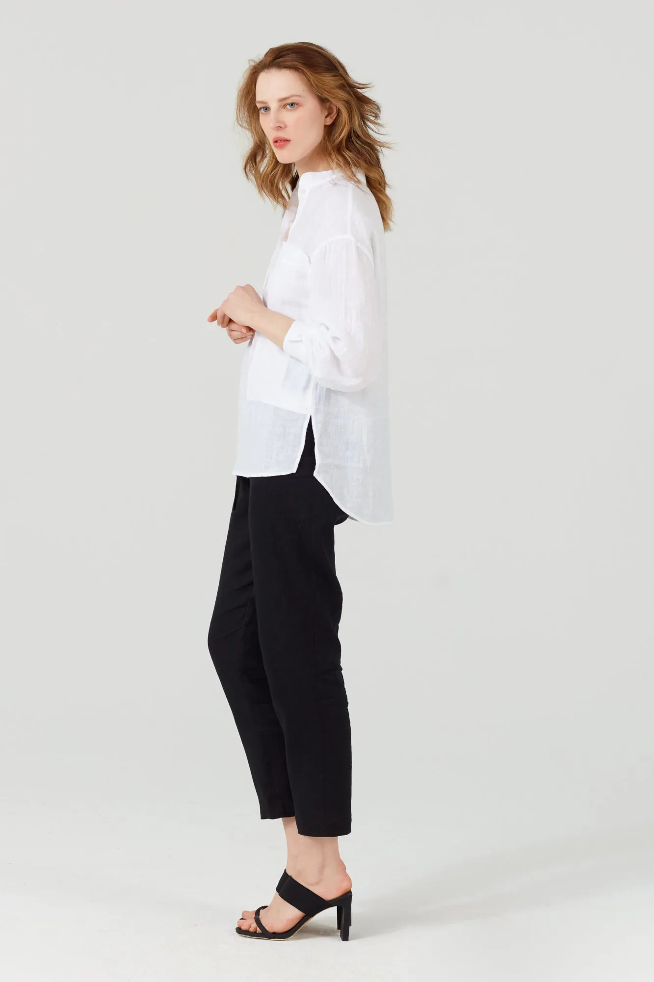 PURE LINEN COLLARLESS SHIRT WHITE