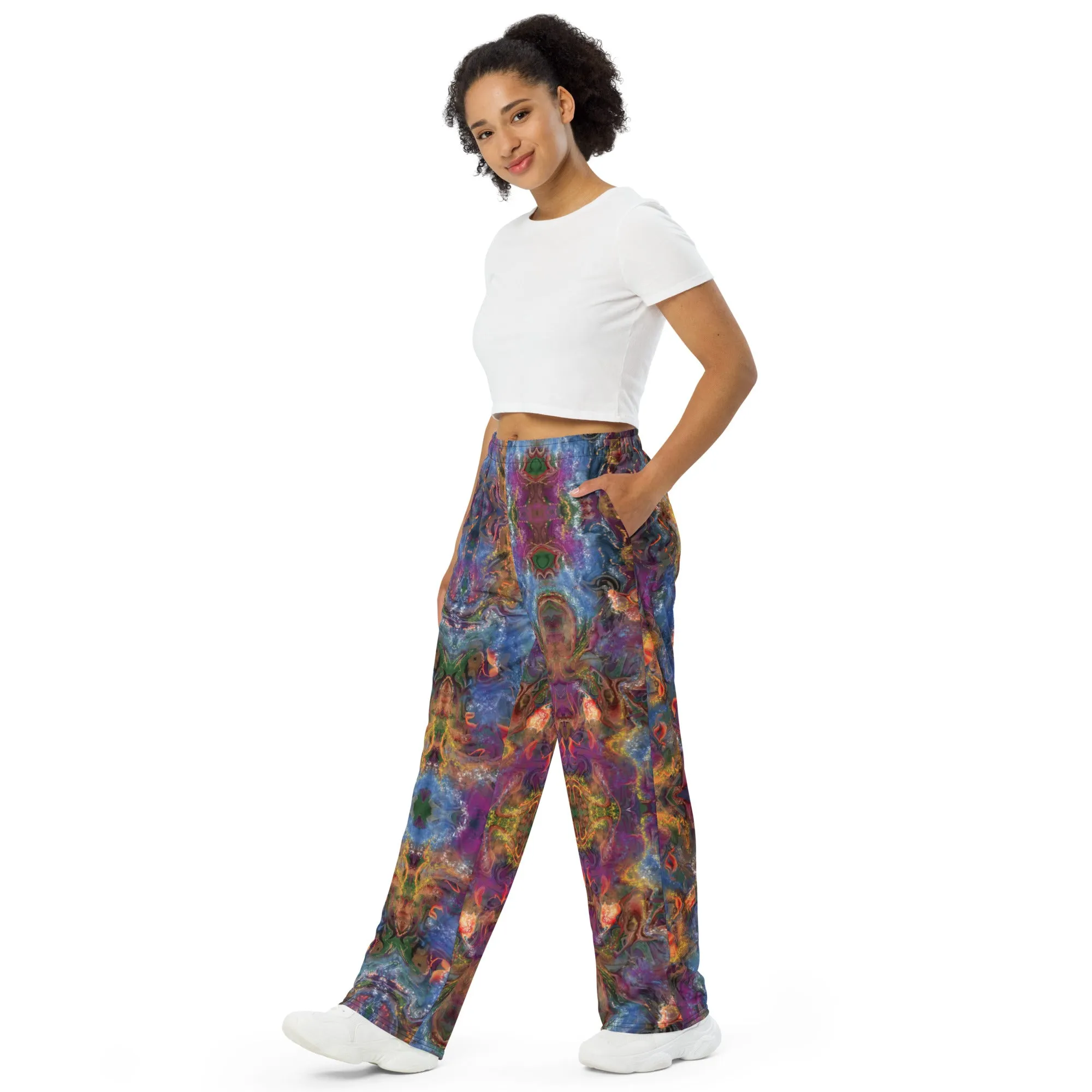 Purple & Gold Painted pattern wide-leg pants