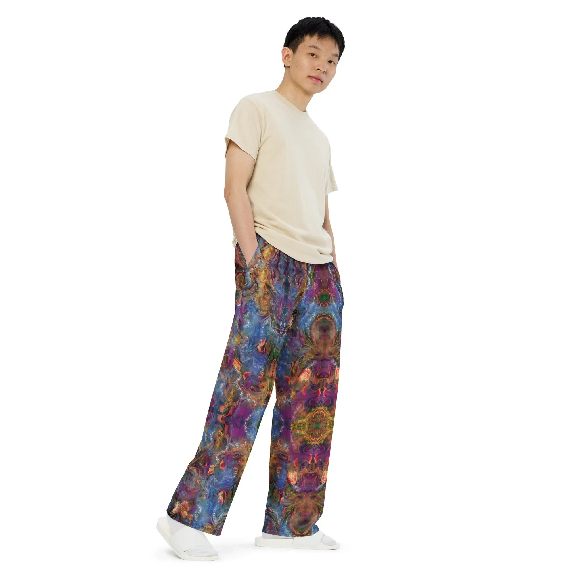 Purple & Gold Painted pattern wide-leg pants