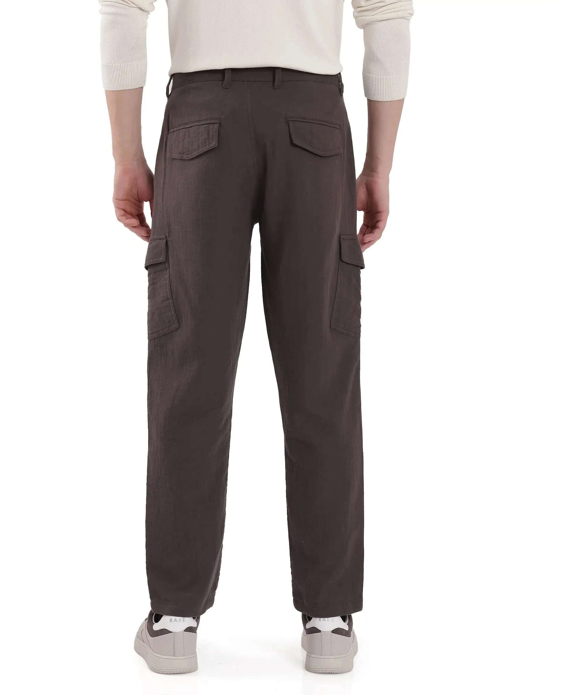 Rare Rabbit Men Presso Dusky Brown Double Layer Twill Mid Rise Cargo Style Plain Trouser