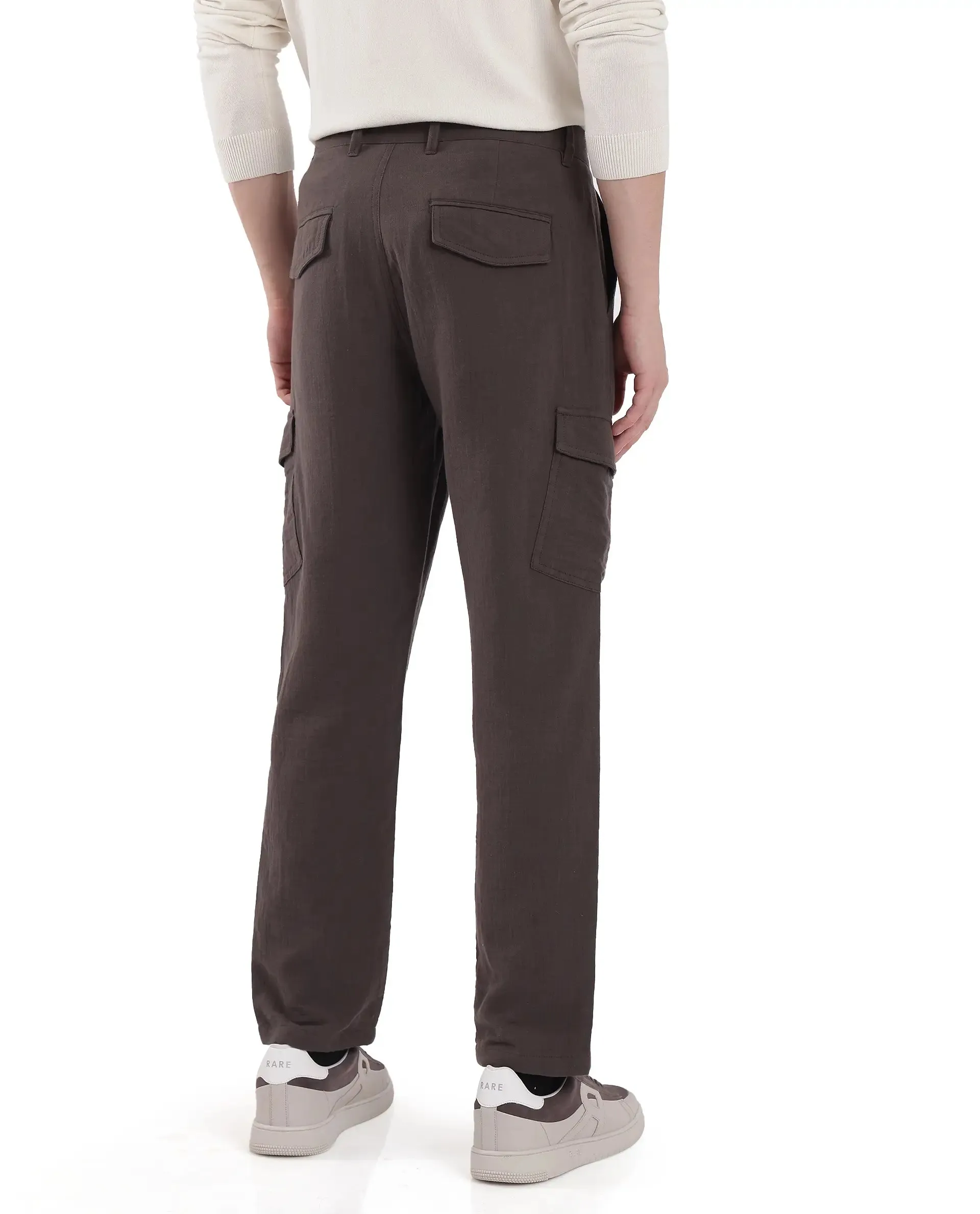 Rare Rabbit Men Presso Dusky Brown Double Layer Twill Mid Rise Cargo Style Plain Trouser