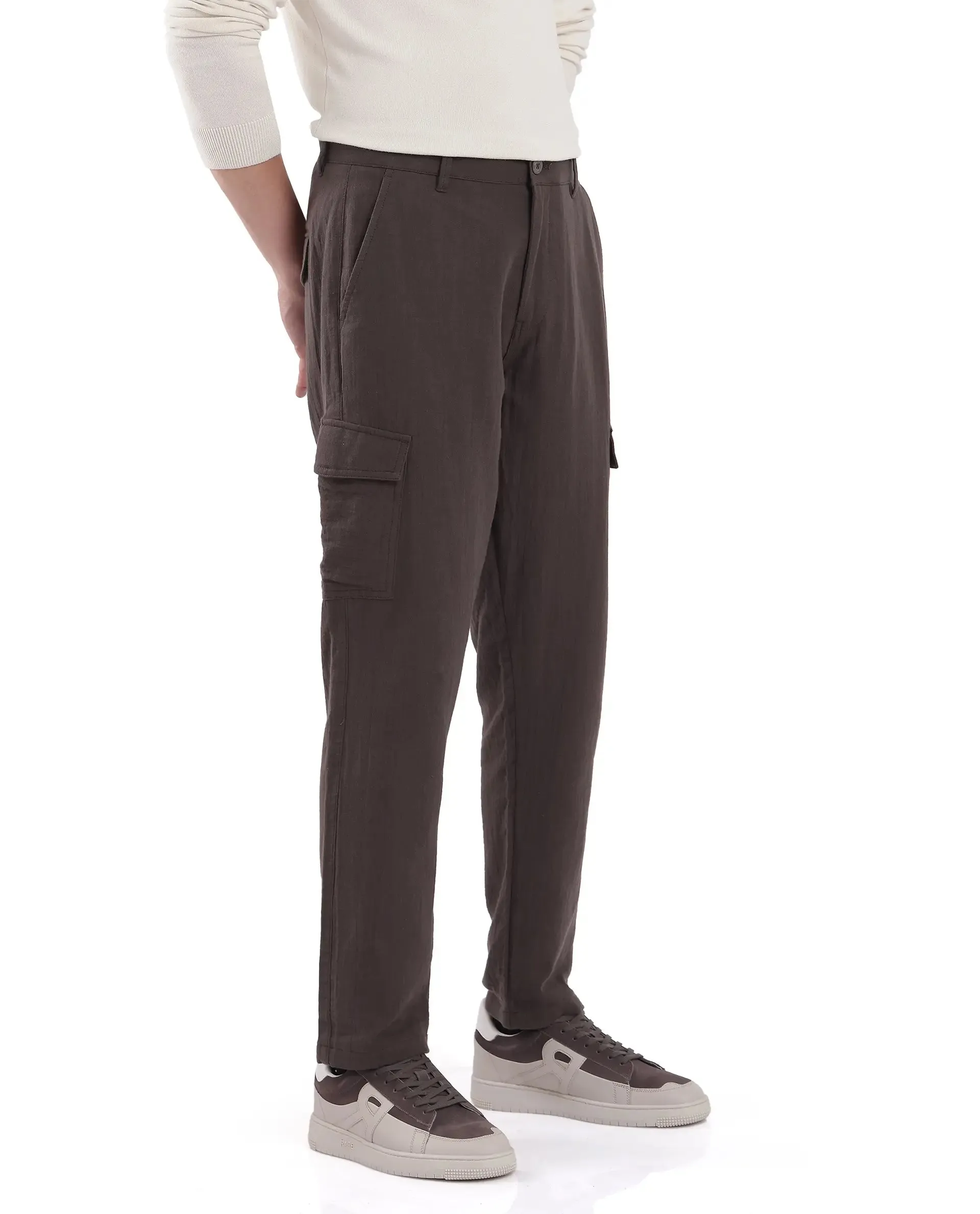 Rare Rabbit Men Presso Dusky Brown Double Layer Twill Mid Rise Cargo Style Plain Trouser