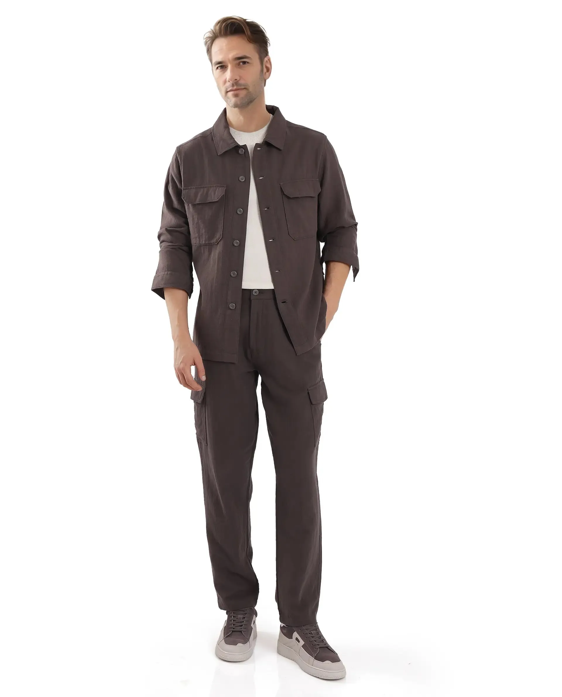 Rare Rabbit Men Presso Dusky Brown Double Layer Twill Mid Rise Cargo Style Plain Trouser