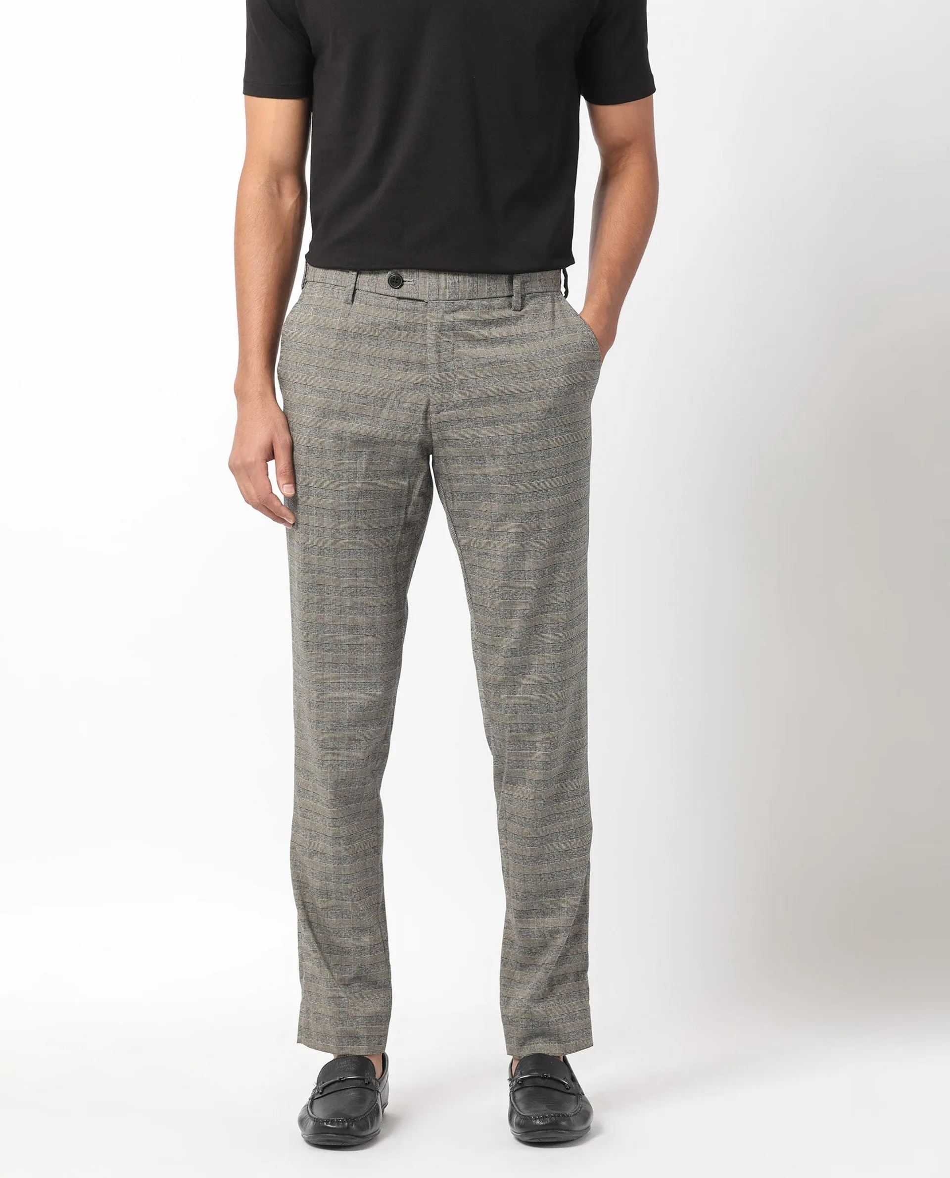 Rare Rabbit Men's Vertex Grey Mid-Rise Regular Fit Checks Trouser