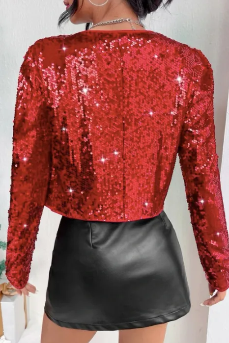 Rock style round neck short sequined jacket