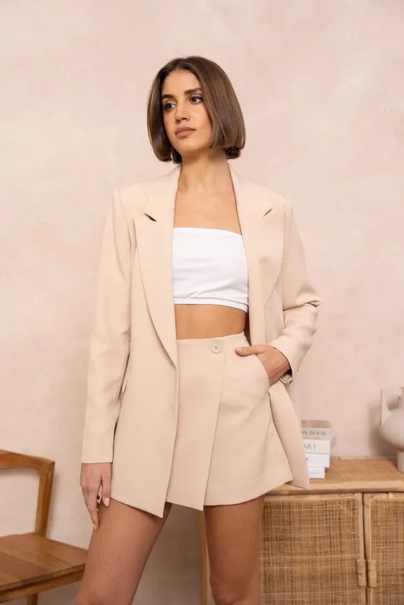 Signature Asymmetric Mid-Length Double-Breasted Plain Jacket Beige