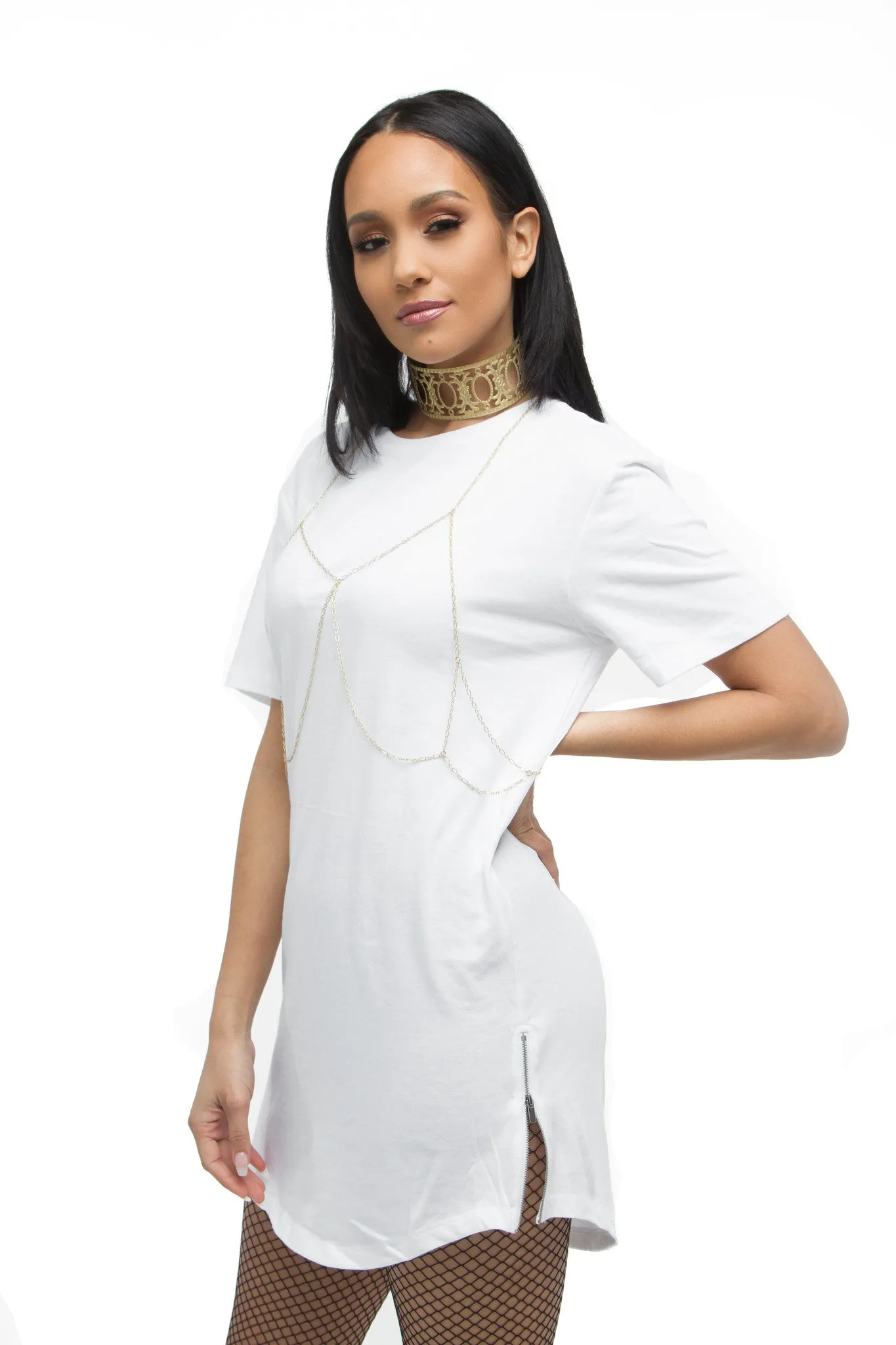 THE MYSTYLEMODE MENSWEAR WHITE SIDE ZIPPER SLIT TEE