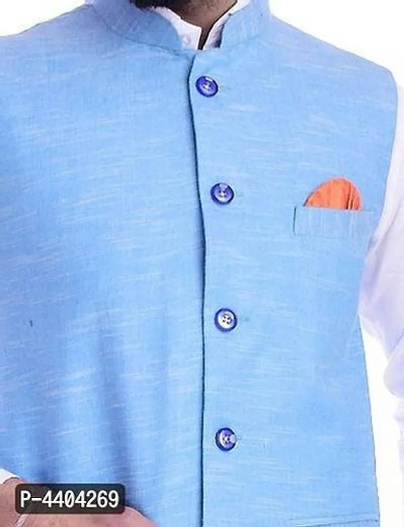 TRANOLI Fashionable Turquoise Khadi Cotton Solid Waistcoat For Men