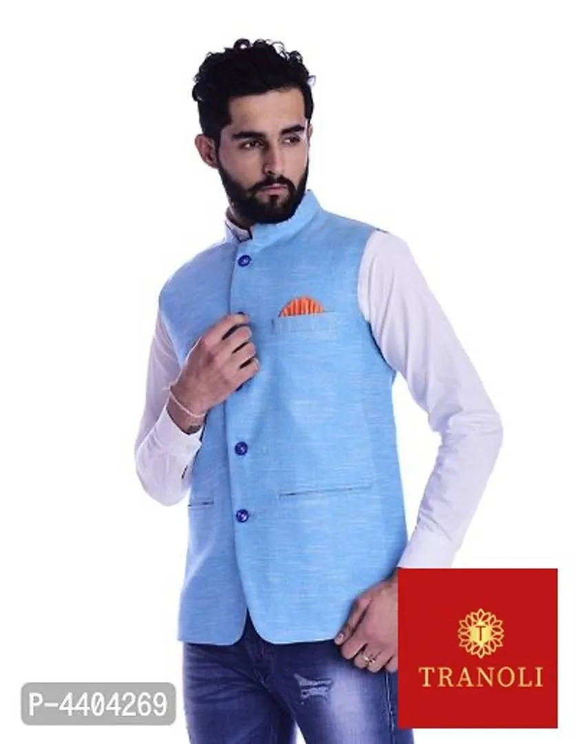 TRANOLI Fashionable Turquoise Khadi Cotton Solid Waistcoat For Men