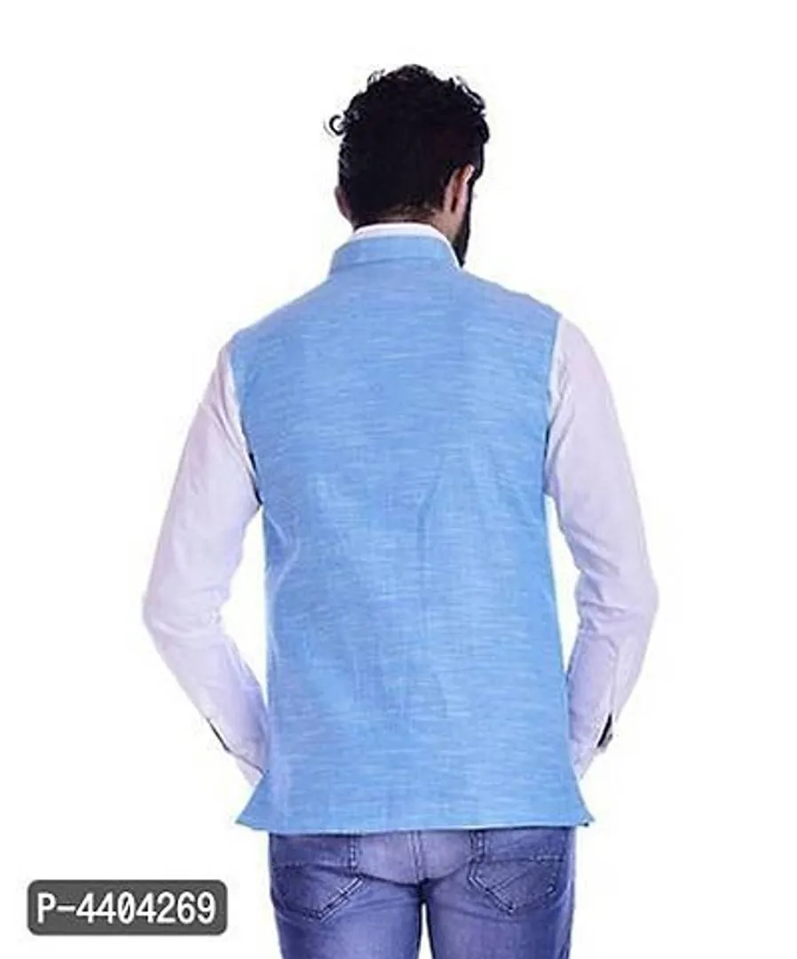 TRANOLI Fashionable Turquoise Khadi Cotton Solid Waistcoat For Men