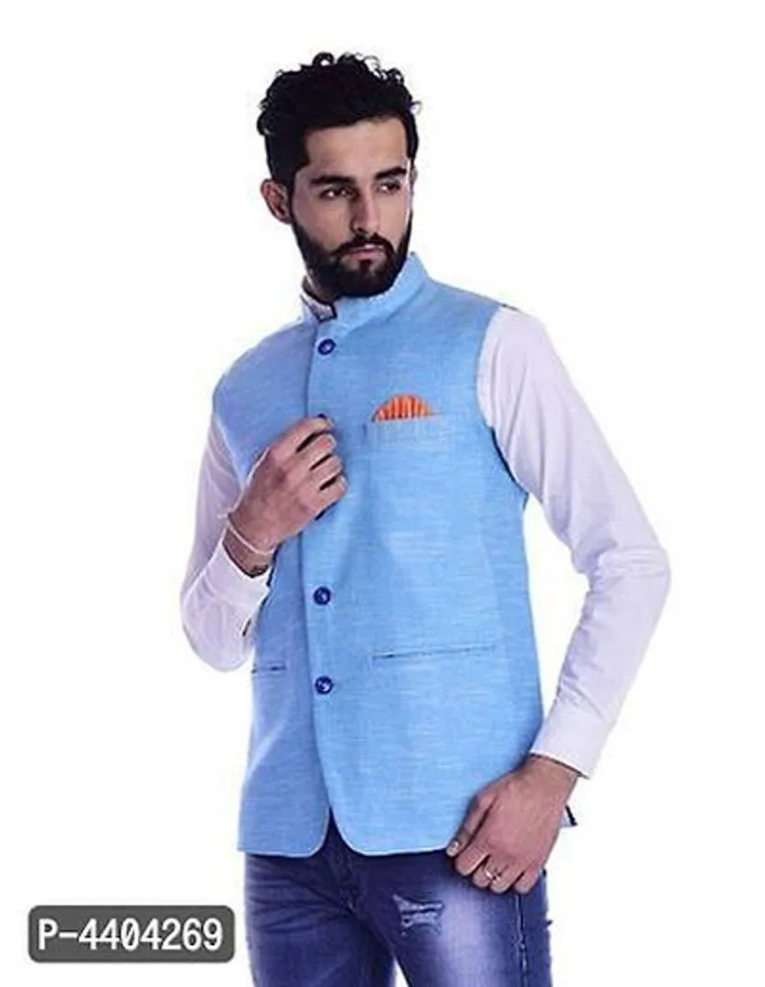 TRANOLI Fashionable Turquoise Khadi Cotton Solid Waistcoat For Men