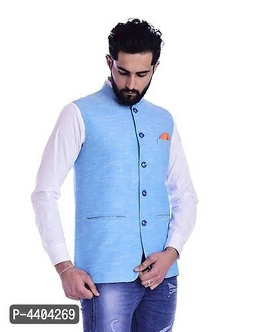 TRANOLI Fashionable Turquoise Khadi Cotton Solid Waistcoat For Men