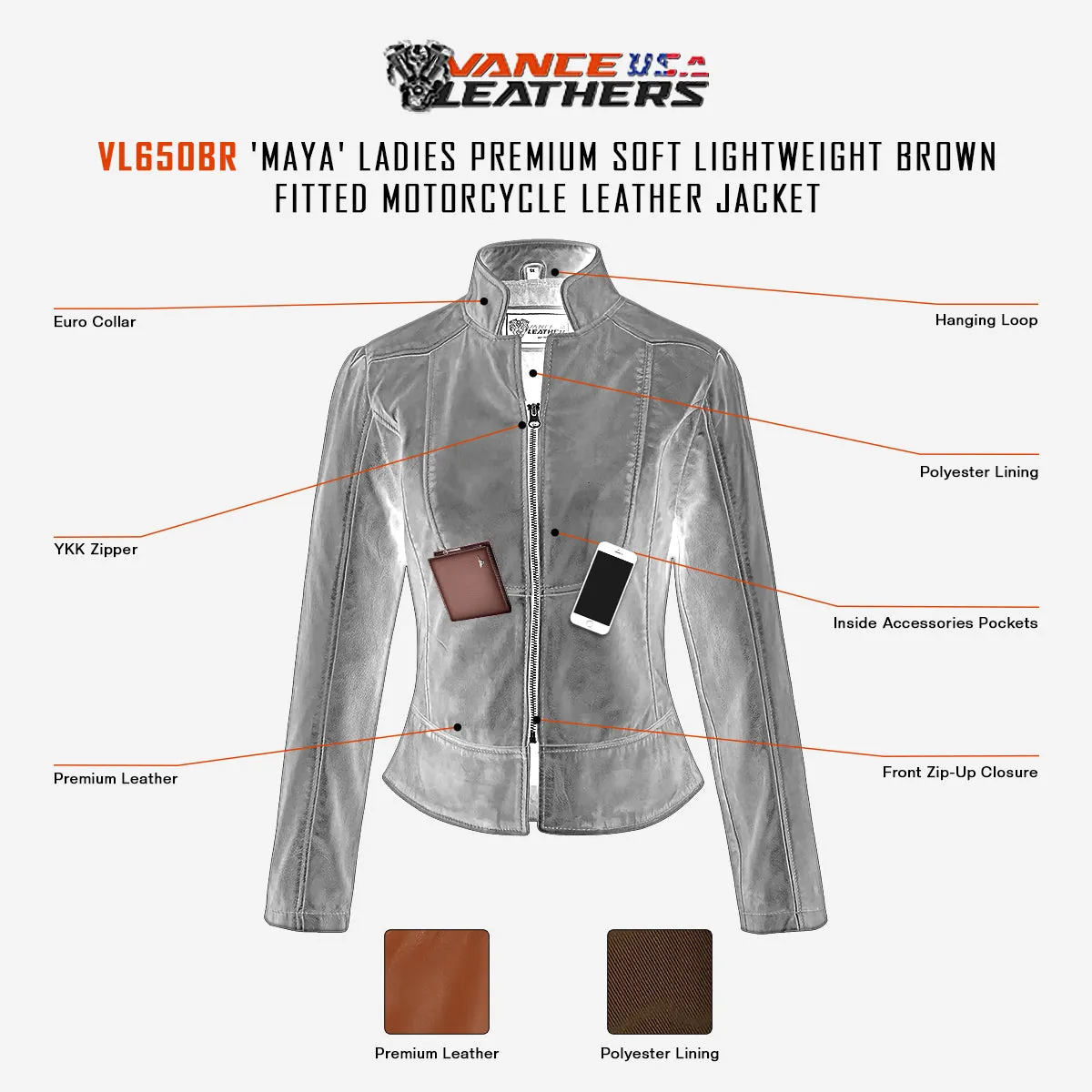 VL650Br Vance Leathers' Ladies Premium Soft Lightweight Brown Fitted Leather Jacket