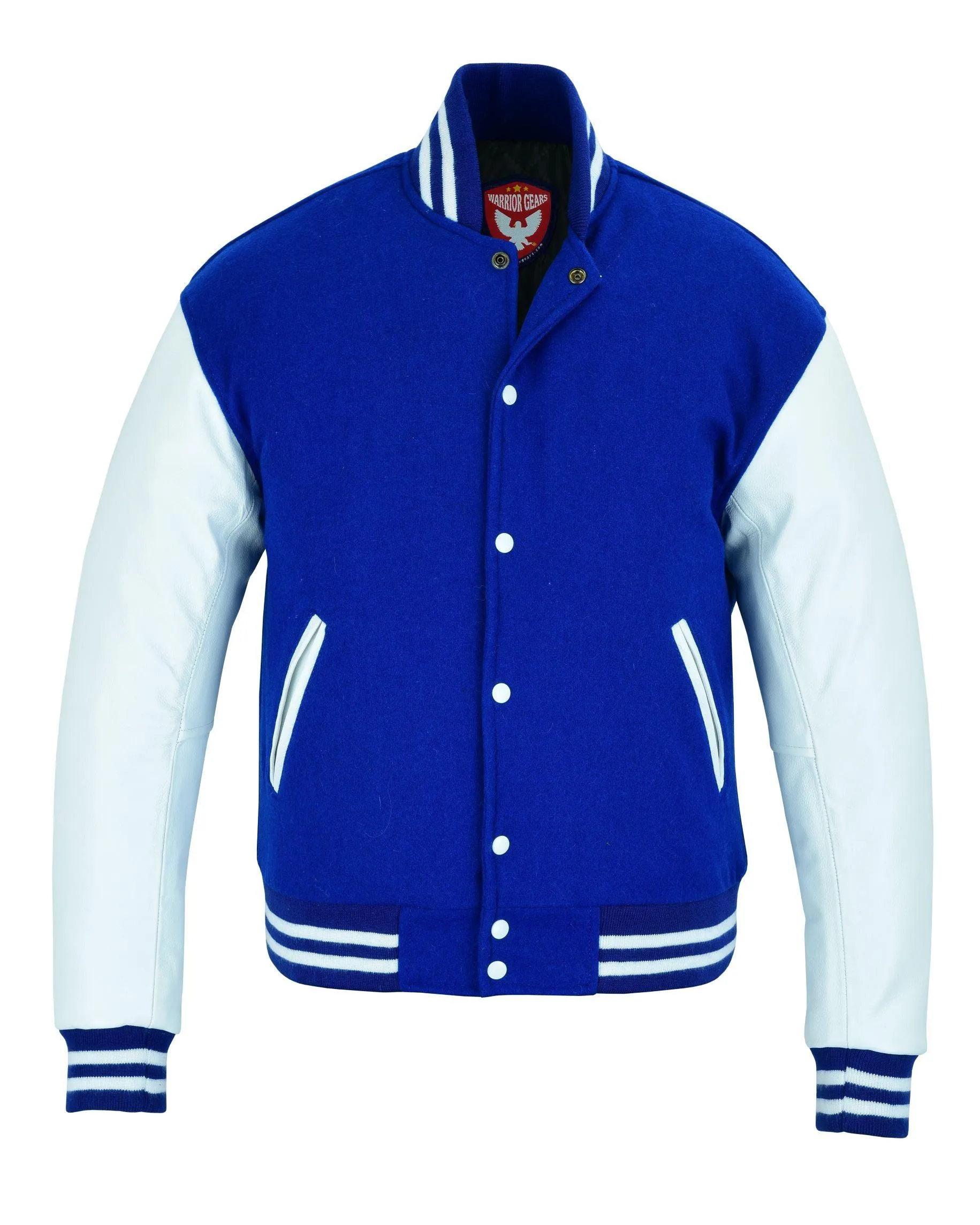 Warrior Gears Classic Hybrid Varsity Jacket for Kids, Toddler Letterman Bomber Jacket for Boys, Unisex Varsity Jacket Girls Blue Pure Wool Body & White Cowhide Leather Sleeves