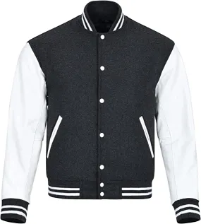 Warrior Gears Classic Hybrid Varsity Jacket for Kids, Toddler Letterman Bomber Jacket for Boys, Unisex Varsity Jacket Girls, Dark Grey Pure Wool Body & White Cowhide Leather Sleeves