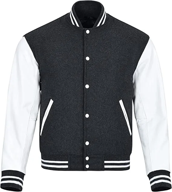 Warrior Gears Classic Hybrid Varsity Jacket for Kids, Toddler Letterman Bomber Jacket for Boys, Unisex Varsity Jacket Girls, Dark Grey Pure Wool Body & White Cowhide Leather Sleeves