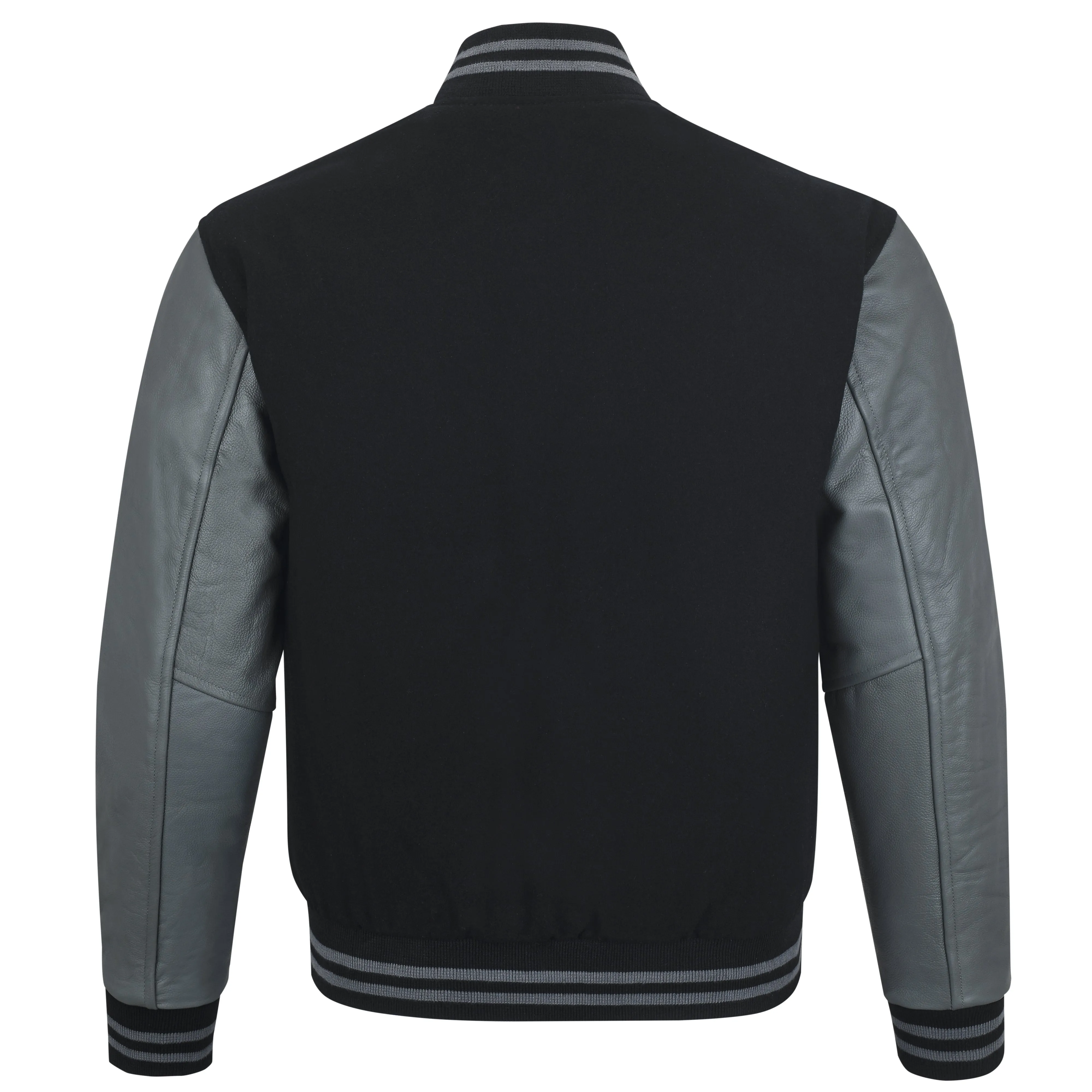 Warrior Gears Classic Hybrid Varsity Jacket University Letterman Bomber Jacket, Pure Wool & Original Cowhide Leather Jacket, Black Wool Body & Grey Leather Sleeves