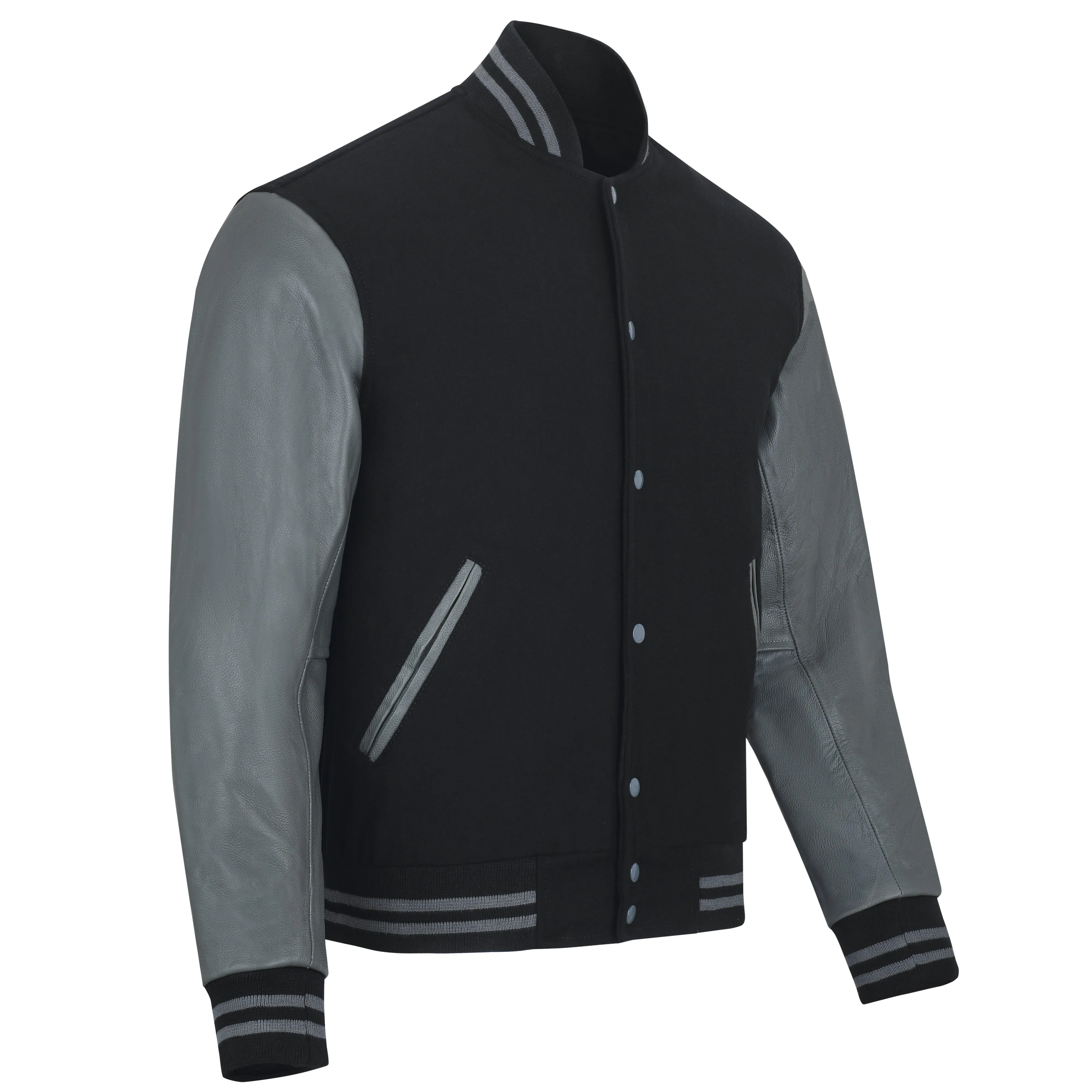 Warrior Gears Classic Hybrid Varsity Jacket University Letterman Bomber Jacket, Pure Wool & Original Cowhide Leather Jacket, Black Wool Body & Grey Leather Sleeves