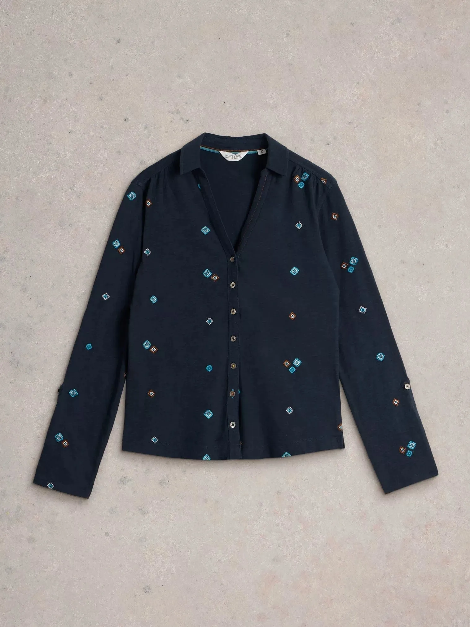 White Stuff Annie Embroidered Shirt in Navy/Multi