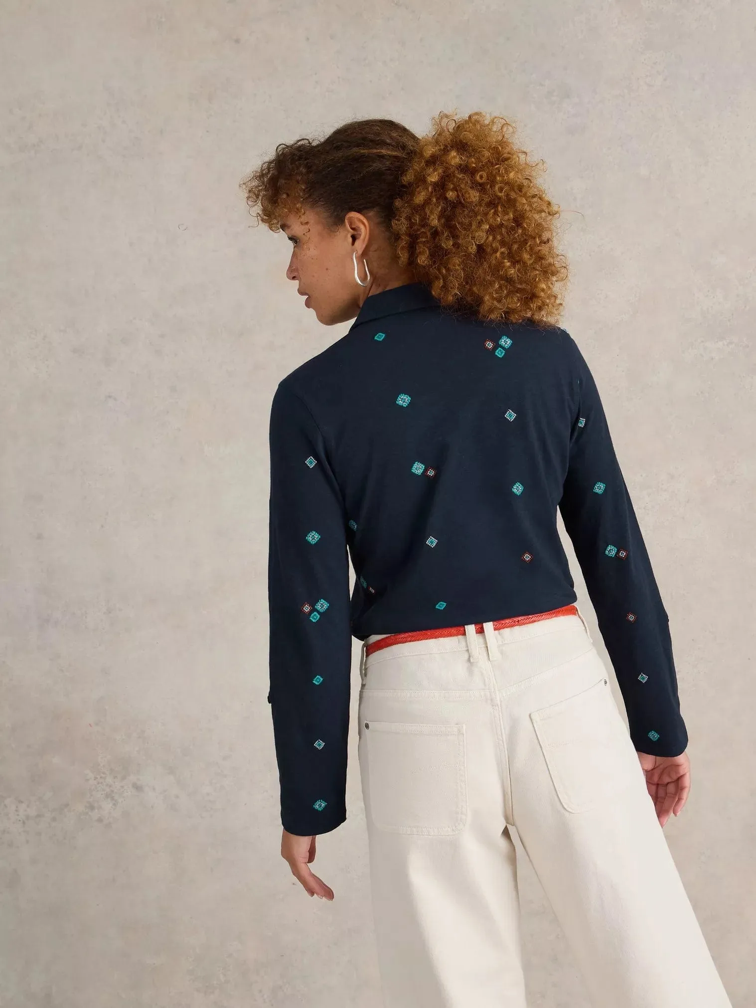 White Stuff Annie Embroidered Shirt in Navy/Multi