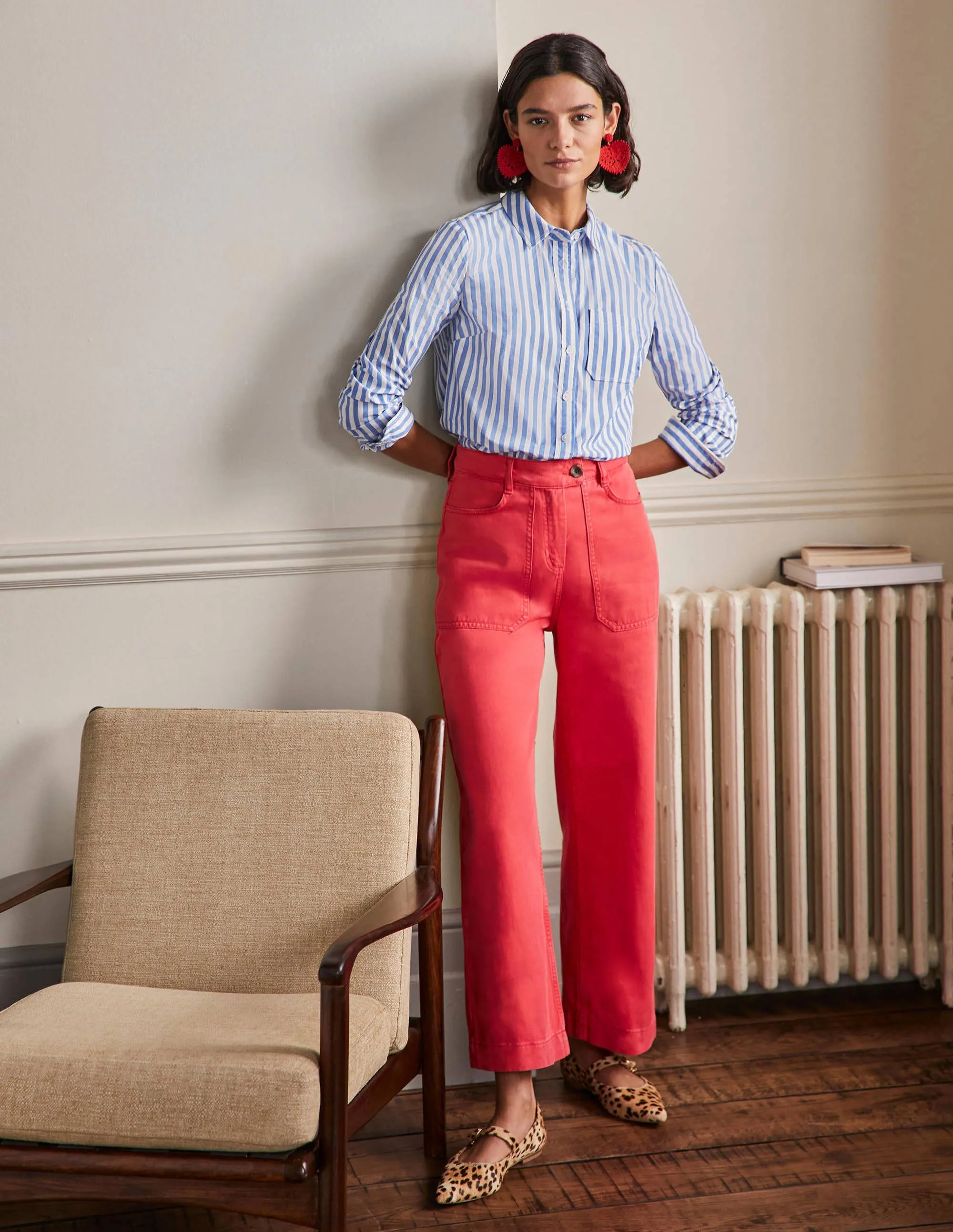 Wide Leg Cotton Twill Trousers-Red